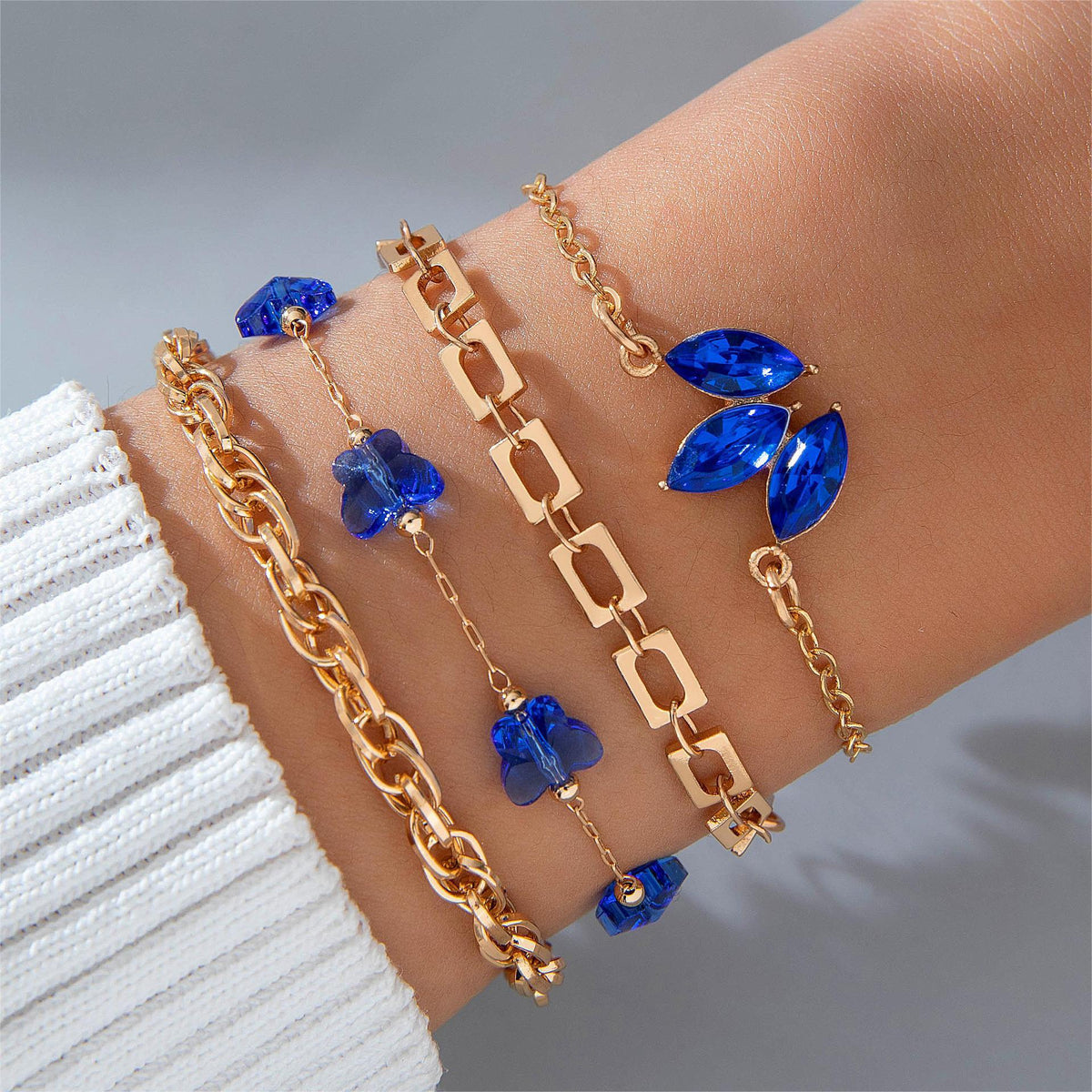 4-Piece Blue Flower & Butterfly Rhinestone Bracelet Collection