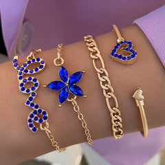 4-Piece Blue Flower & Butterfly Rhinestone Bracelet Collection